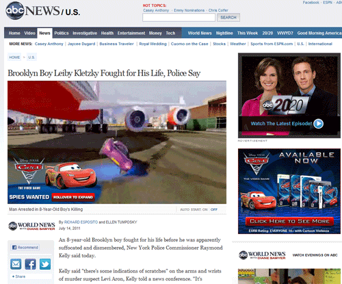 Cars 2 Game Ad Showing on ABC's Article About Slain Brooklyn Boy Leiby Kletzky